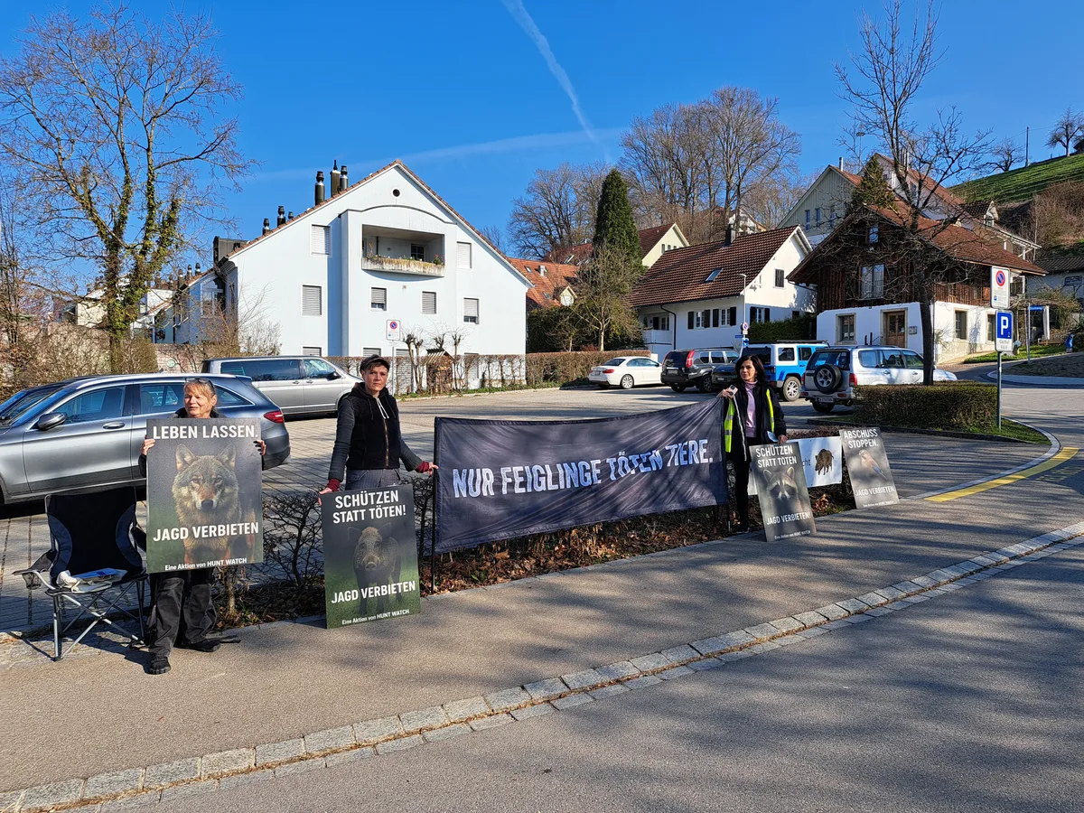 Personen mit Plakaten stehen an einer Strasse